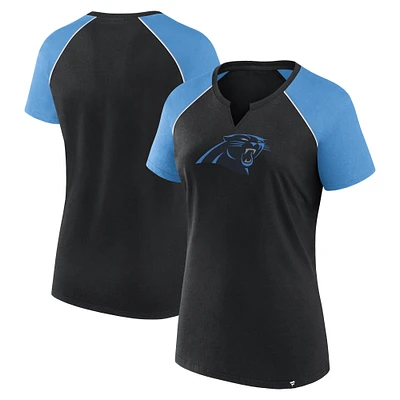 T-shirt raglan à paillettes noir/bleu pour femme Fanatics Carolina Panthers