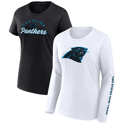 Pack combiné de t-shirts légers à manches courtes et longues Fanatics pour femmes, noir/blanc, Carolina Panthers