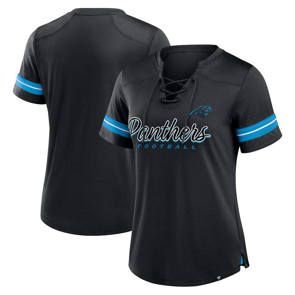 T-shirt à lacets noir pour femme Fanatics avec inscription Play Script des Carolina Panthers