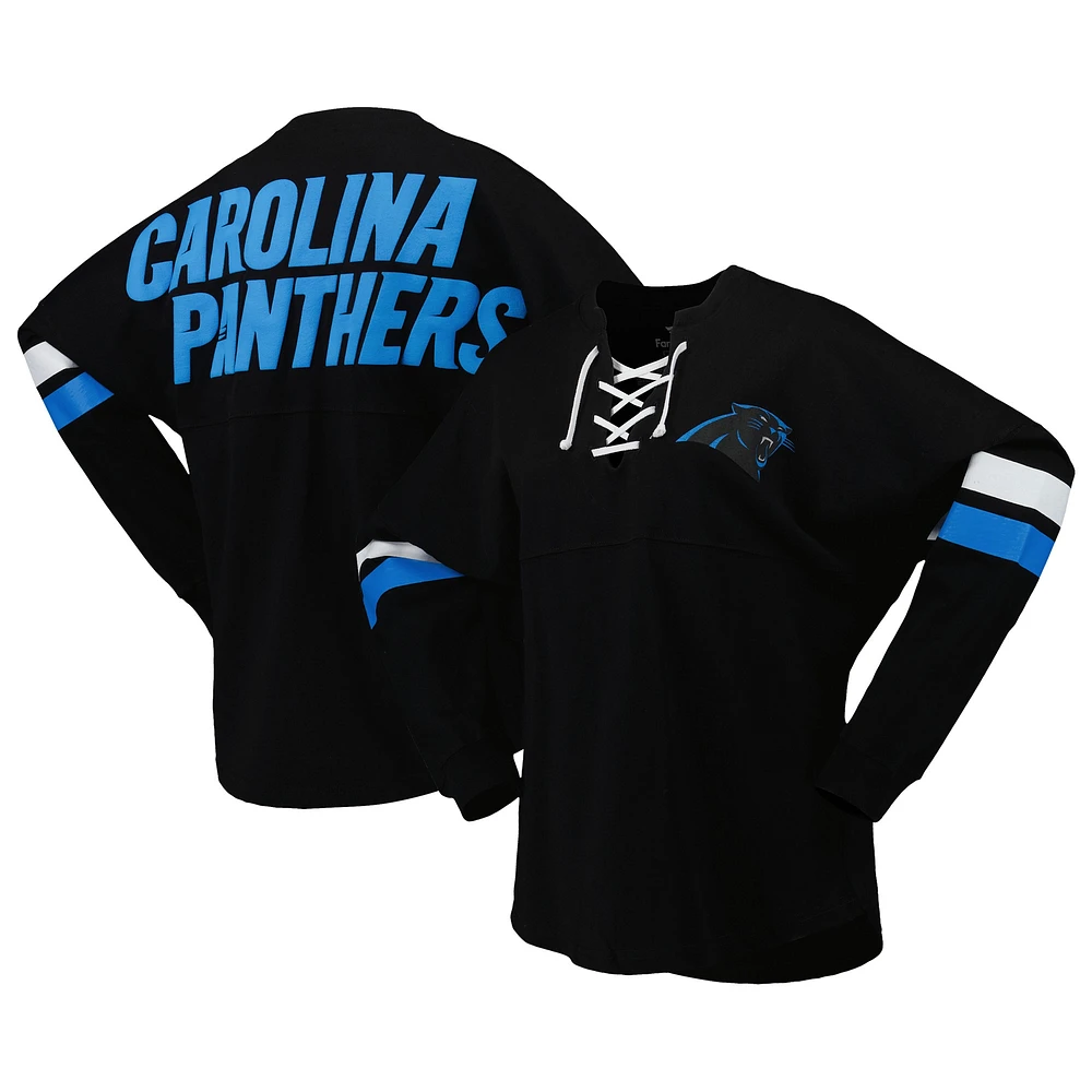 T-shirt à manches longues lacets et col en V jersey Fanatics Black Carolina Panthers Spirit pour femmes