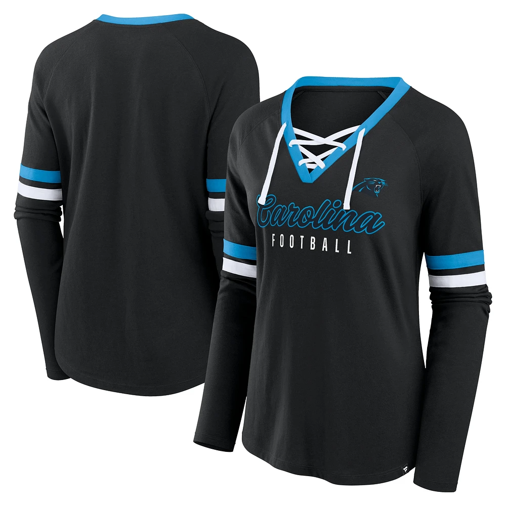 Haut tendance à manches longues lacets Fanatics Black Carolina Panthers Won and Done pour femmes