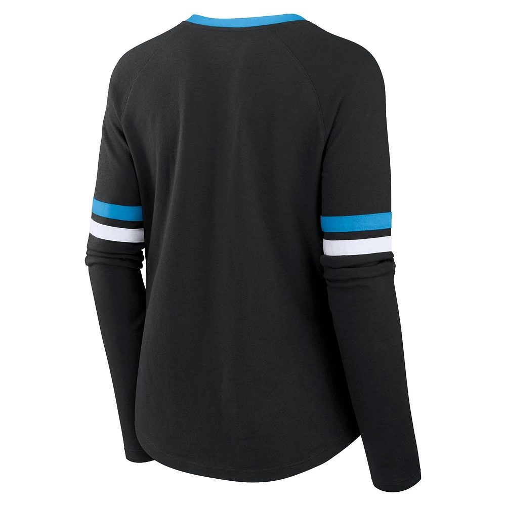 Haut tendance à manches longues lacets Fanatics Black Carolina Panthers Won and Done pour femmes