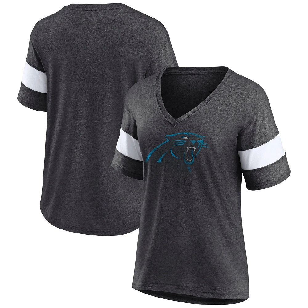 T-shirt à col en V mélange de trois couleurs pour femme Fanatics Heathered Charcoal/White Carolina Panthers