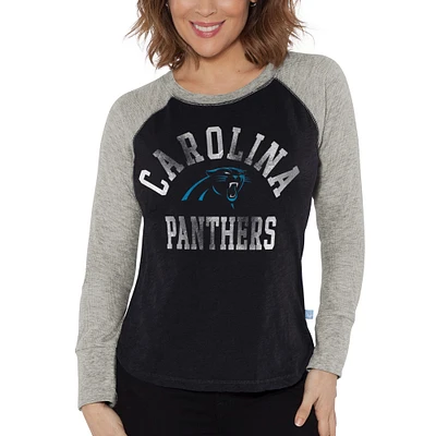 T-shirt à manches longues raglan en tricot gaufré des Panthers de la Caroline G-III 4Her by Carl Banks pour femme, noir/gris chiné