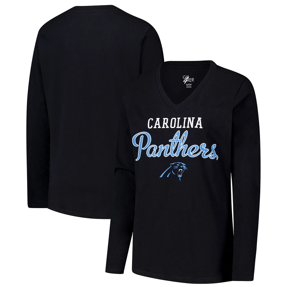 T-shirt à manches longues et col en V pour femme G-III 4Her par Carl Banks Black Carolina Panthers Post Season