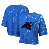 T-shirt court à col cranté Majestic Threads pour femmes, bleu Carolina Panthers Bleach Splatter Notch Neck