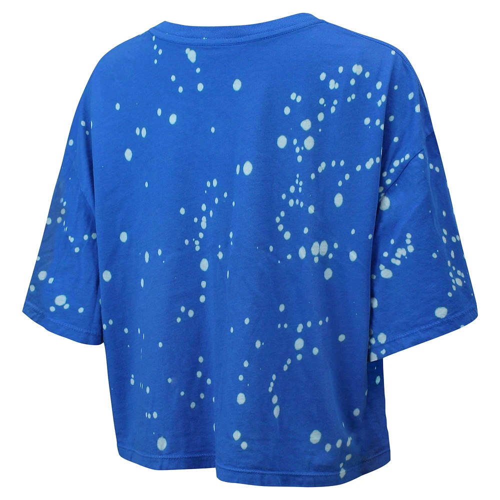 T-shirt court à col cranté Majestic Threads pour femmes, bleu Carolina Panthers Bleach Splatter Notch Neck