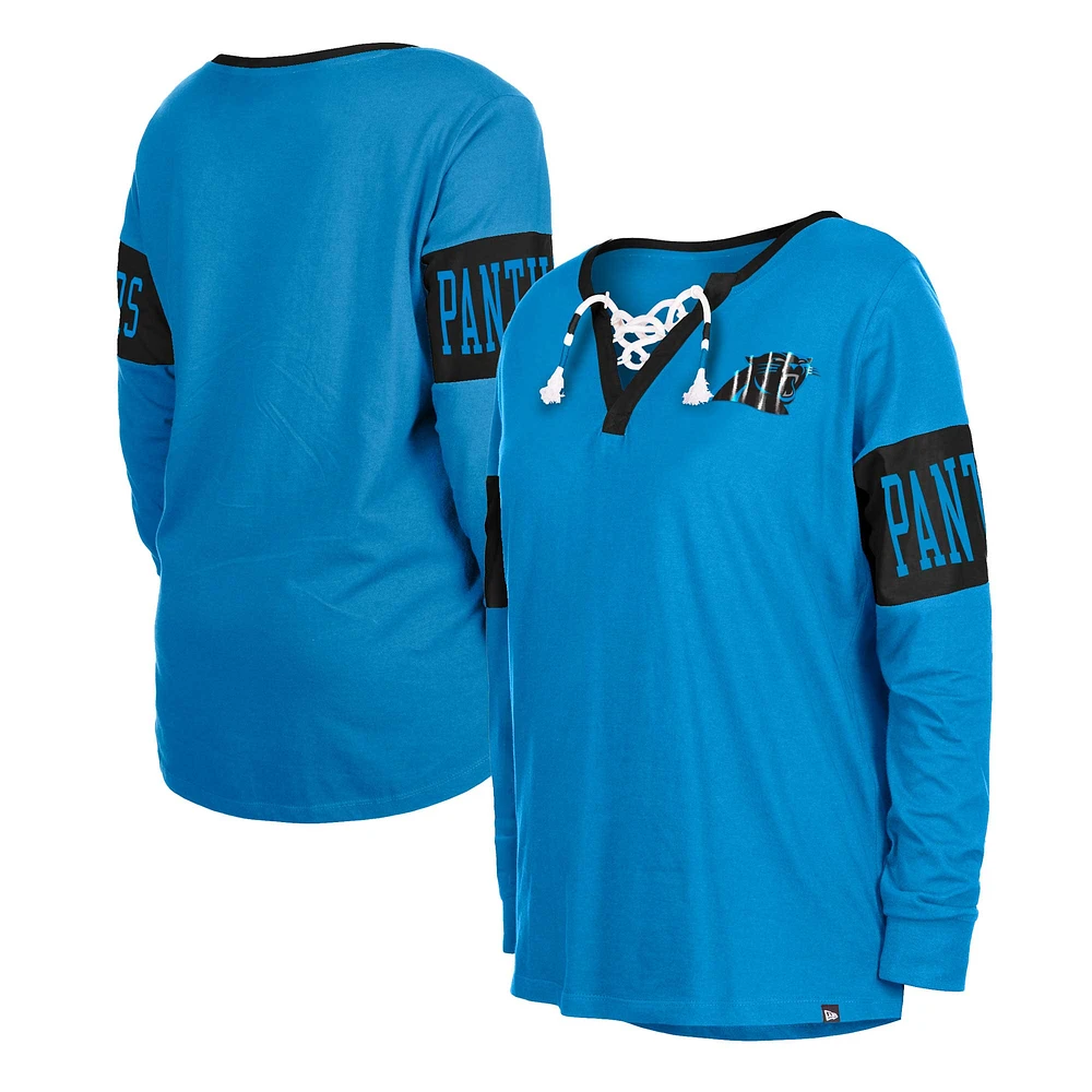 Women's New Era Blue Carolina Panthers Lace-Up Notch Neck Long Sleeve T-Shirt