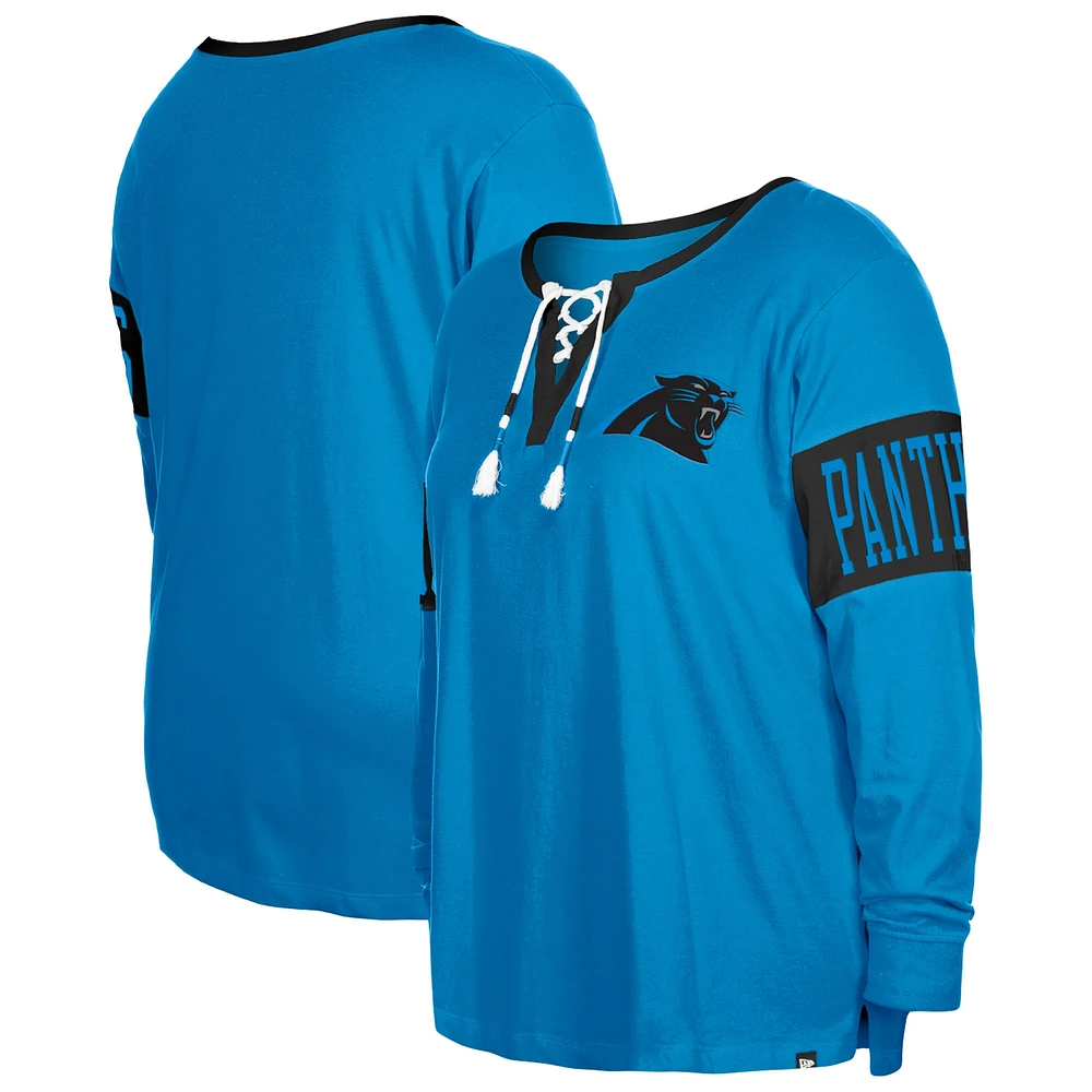 T-shirt à manches longues col cranté et lacets New Era Carolina Panthers pour femme, bleu, grande taille