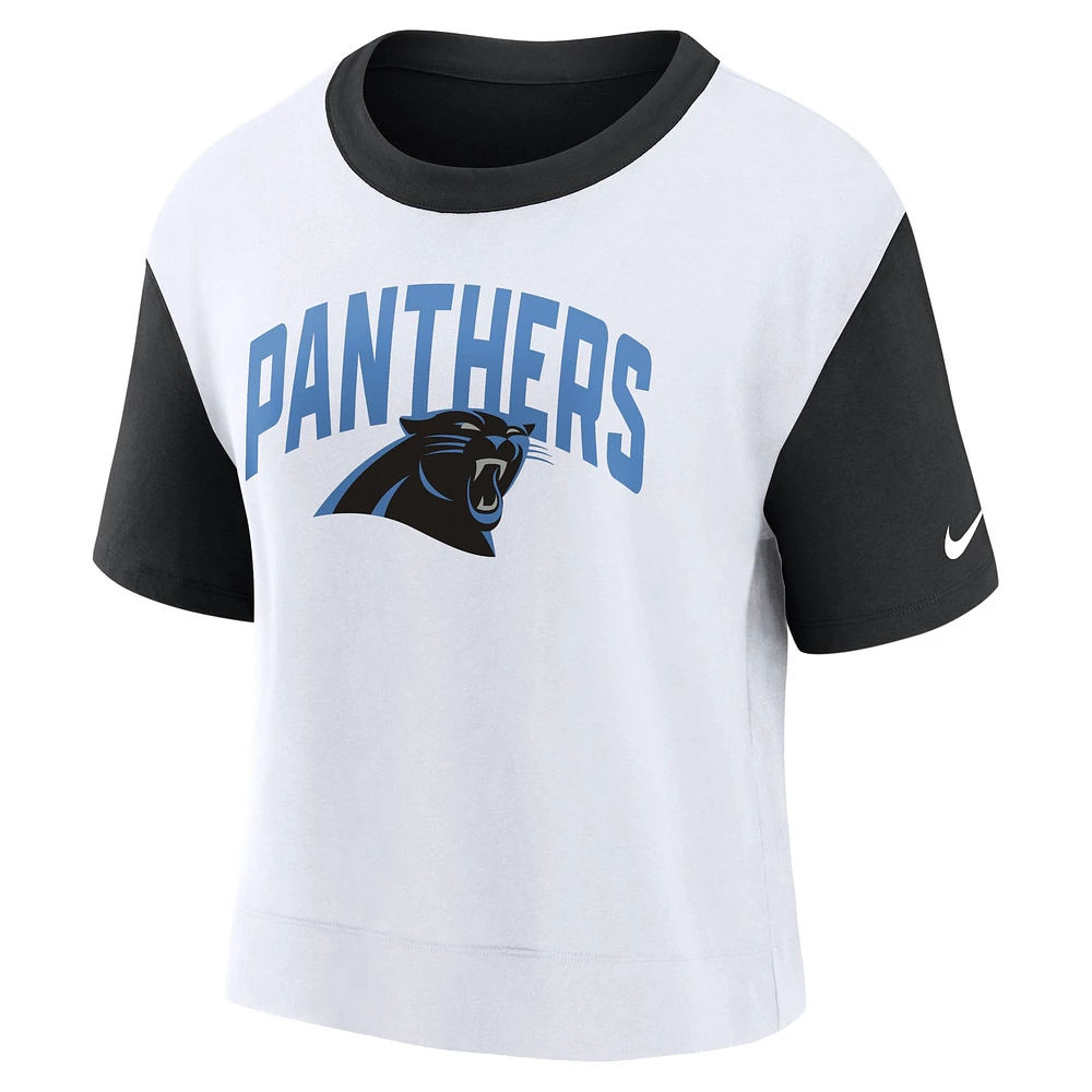 T-shirt tendance à hanches hautes des Panthers de la Caroline pour femme, noir/blanc Nike