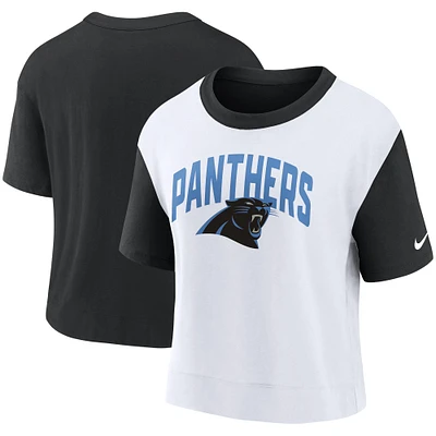 T-shirt tendance à hanches hautes des Panthers de la Caroline pour femme, noir/blanc Nike