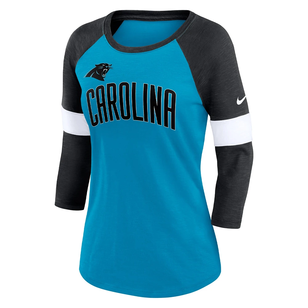 T-shirt à manches 3/4 raglan Nike Carolina Panthers pour femme Bleu/Noir chiné Football Pride