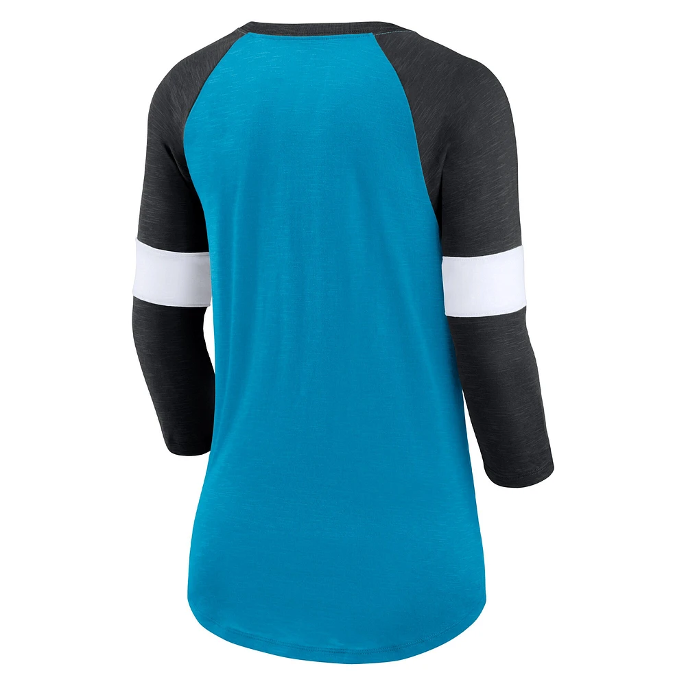 T-shirt à manches 3/4 raglan Nike Carolina Panthers pour femme Bleu/Noir chiné Football Pride