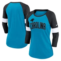 T-shirt à manches 3/4 raglan Nike Carolina Panthers pour femme Bleu/Noir chiné Football Pride