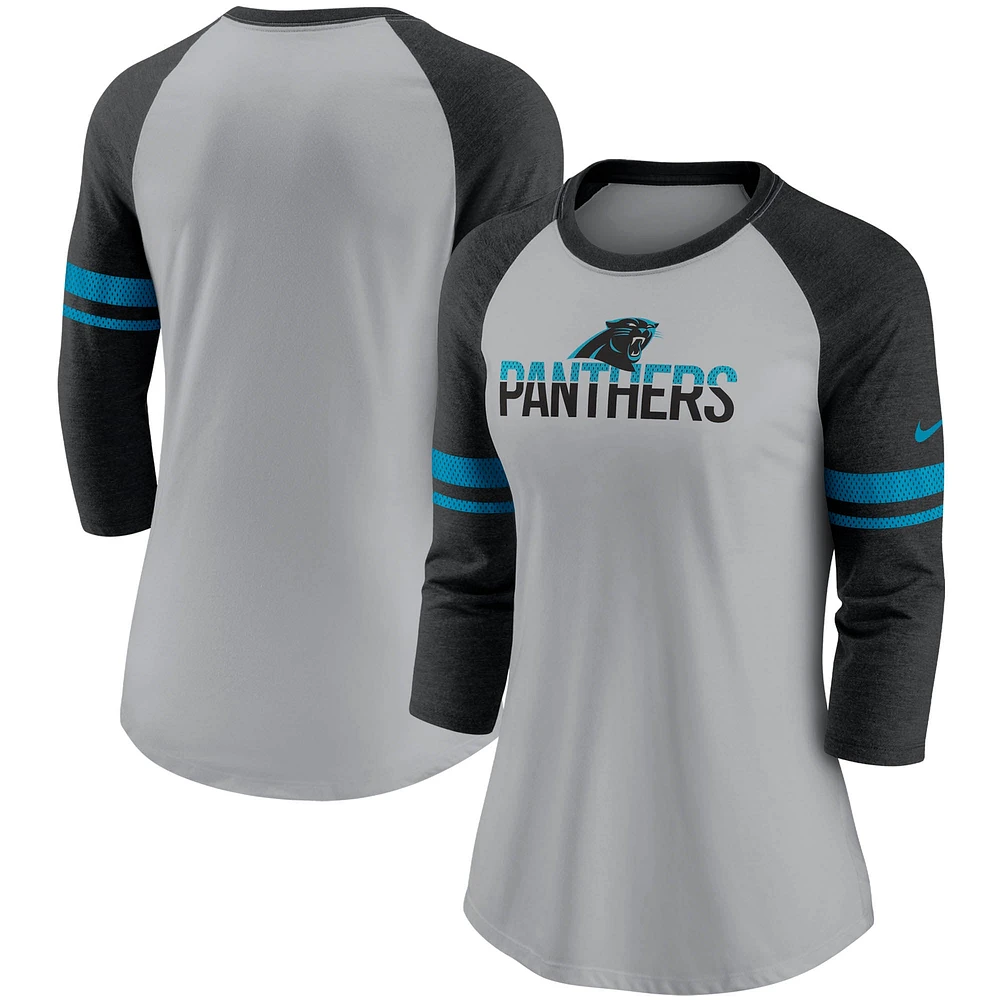 T-shirt à manches 3/4 en maille rayures Nike Carolina Panthers pour femme, gris chiné/noir