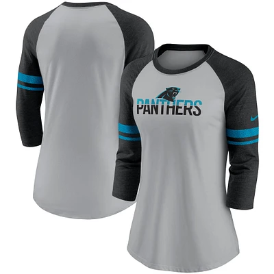 T-shirt à manches 3/4 en maille rayures Nike Carolina Panthers pour femme, gris chiné/noir