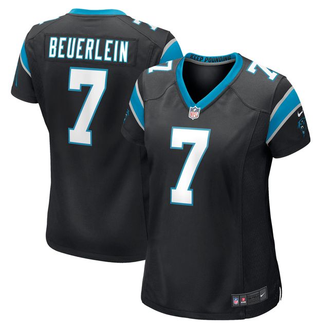 Maillot de joueur retraité Nike Steve Beuerlein des Panthers la Caroline noir pour femme