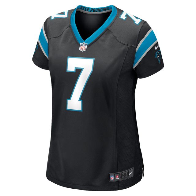 Maillot de joueur retraité Nike Steve Beuerlein des Panthers la Caroline noir pour femme