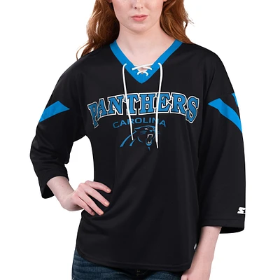 Women's Starter Black Carolina Panthers Rally Lace-Up 3/4 Sleeve T-Shirt