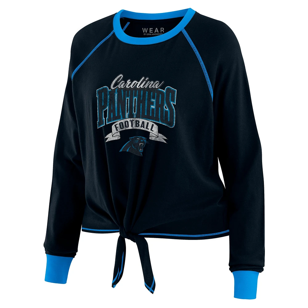 Women's WEAR by Erin Andrews Black/Blue Carolina Panthers Plus Tie-Front Long Sleeve Top