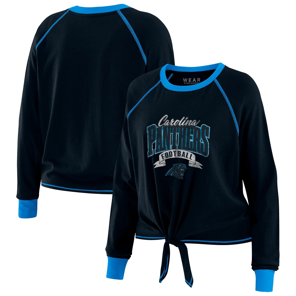 Women's WEAR by Erin Andrews Black/Blue Carolina Panthers Plus Tie-Front Long Sleeve Top