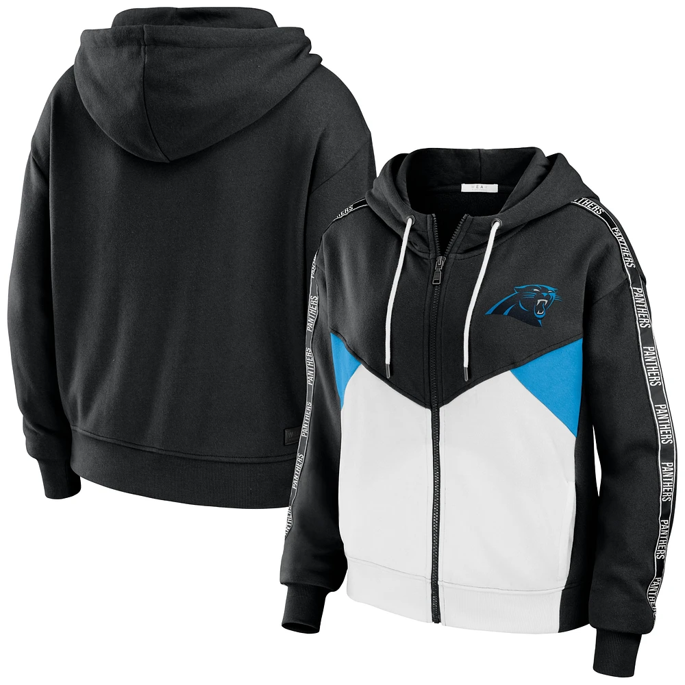 Women's WEAR by Erin Andrews Black/White Carolina Panthers Color Block Light Weight Modest Crop Full-Zip Hoodie