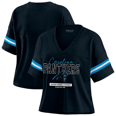 Women's WEAR by Erin Andrews Black Carolina Panthers Color Block Boxy Modest Crop V-Neck T-Shirt