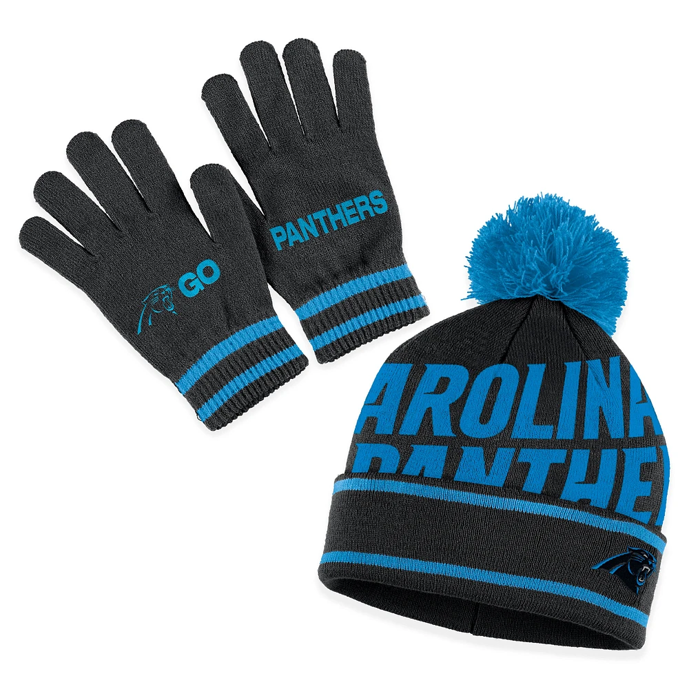 Women's WEAR by Erin Andrews  Black Carolina Panthers Double Jacquard Cuffed Knit Hat with Pom and Gloves Set