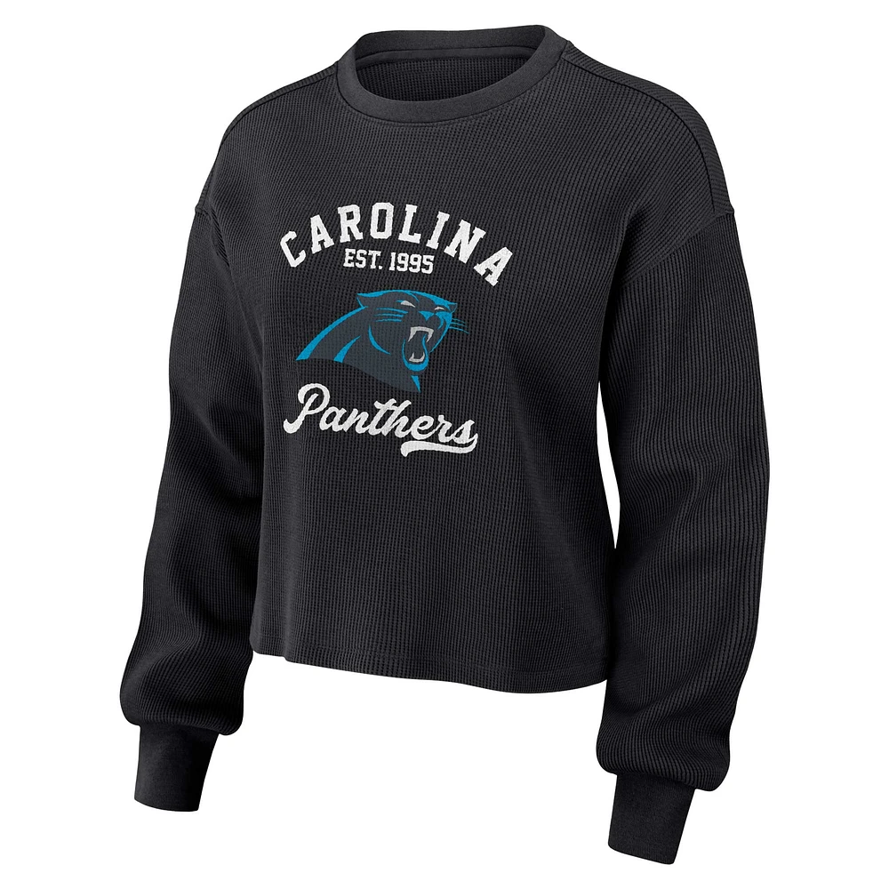 Women's WEAR by Erin Andrews Black Carolina Panthers Waffle Knit Long Sleeve T-Shirt & Shorts Lounge Set