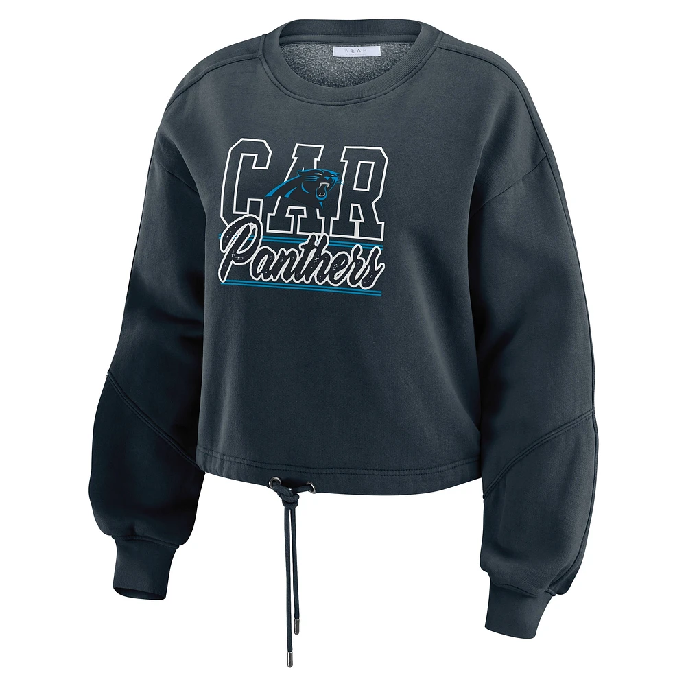 Women's WEAR by Erin Andrews Black Carolina Panthers Washed Fleece Long Sleeve T-Shirt & Shorts Lounge Set