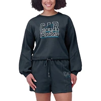 Women's WEAR by Erin Andrews Black Carolina Panthers Washed Fleece Long Sleeve T-Shirt & Shorts Lounge Set