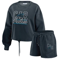 Women's WEAR by Erin Andrews Black Carolina Panthers Washed Fleece Long Sleeve T-Shirt & Shorts Lounge Set