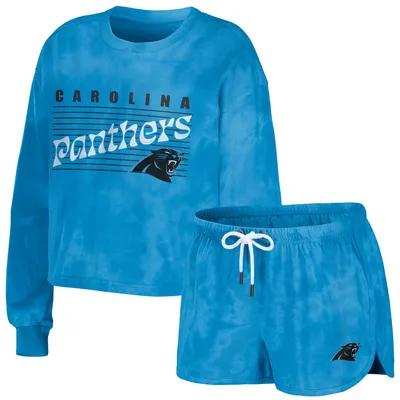 Carolina Panthers WEAR by Erin Andrews Women's Tie-Dye Cropped Pullover Sweatshirt & Shorts Lounge Set - Blue