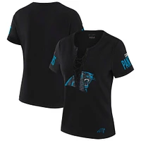 Women's WEAR by Erin Andrews x Gracie Hunt Black Carolina Panthers Draft Me Lace-Up T-Shirt