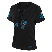 Women's WEAR by Erin Andrews x Gracie Hunt Black Carolina Panthers Draft Me Lace-Up T-Shirt