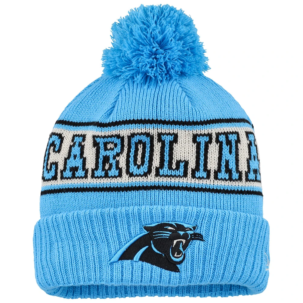 Bonnet en tricot à revers rétro bleu Carolina Panthers New Era pour jeunes avec pompon