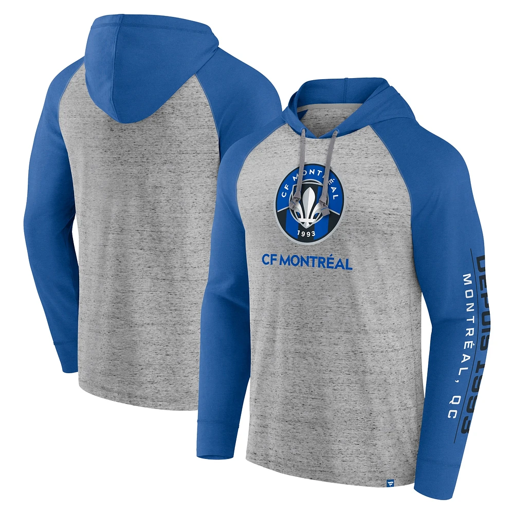 Sweat à capuche Fanatics gris chiné/bleu CF Montreal Deflection Raglan pour hommes