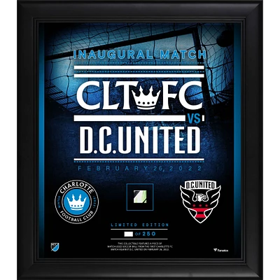 Collage encadré 15" x 17" du match inaugural du Charlotte FC 2022 contre D.C. United avec un morceau de ballon de football utilisé lors du match - Édition limitée à 250 exemplaires