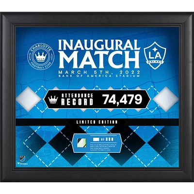 Collage encadré Charlotte FC 15" x 17" 2022 Inaugural Home Match vs. LA Galaxy Version 2 avec un morceau de ballon de football utilisé lors du match - Édition limitée à 250