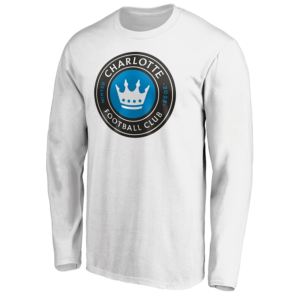 T-shirt blanc à manches longues avec logo principal Fanatics Charlotte FC pour hommes