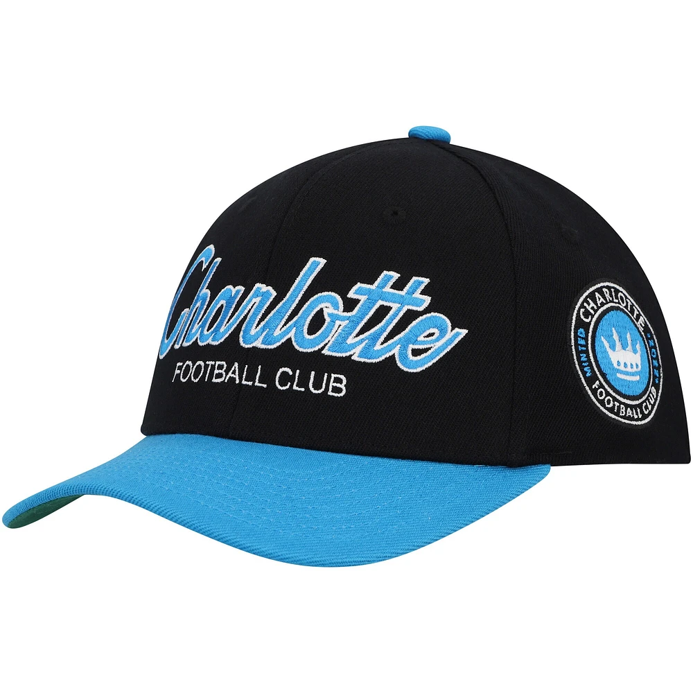 Men's Mitchell & Ness Black Charlotte FC Team Script 2.0 Stretch Snapback Hat