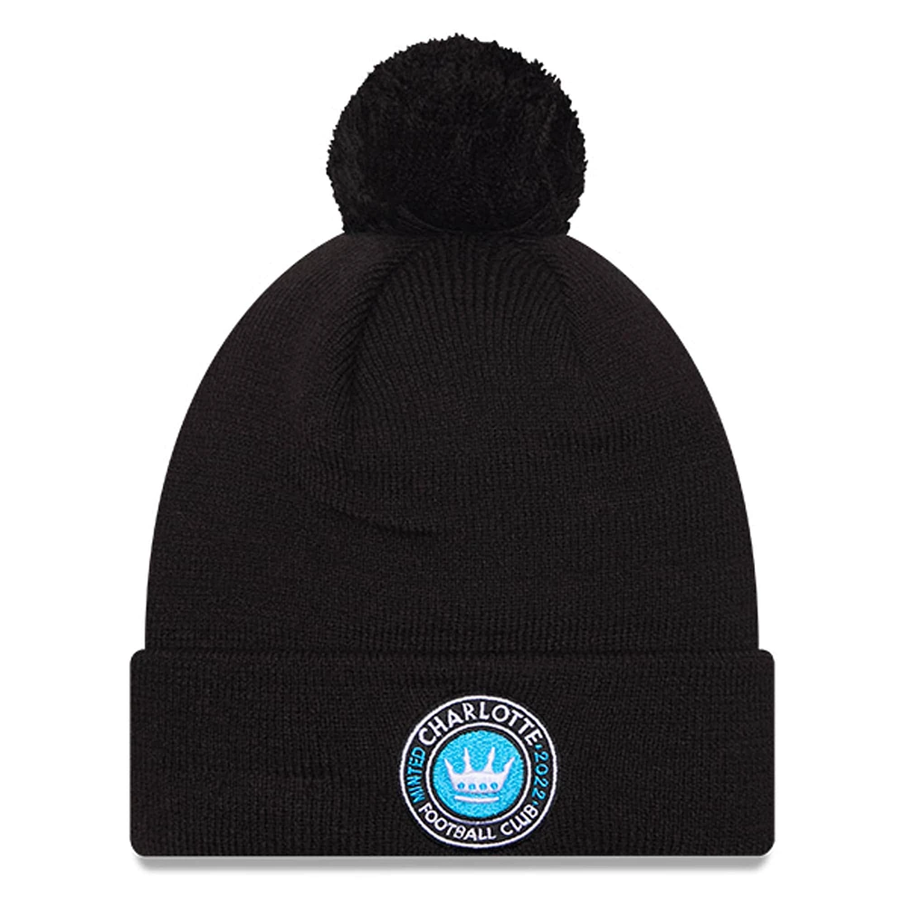 Bonnet en tricot à revers et crochet en jersey New Era noir Charlotte FC pour hommes avec pompon