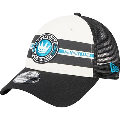 Casquette New Era Charlotte FC Team Stripes 9FORTY Trucker Snapback blanche/noire pour homme