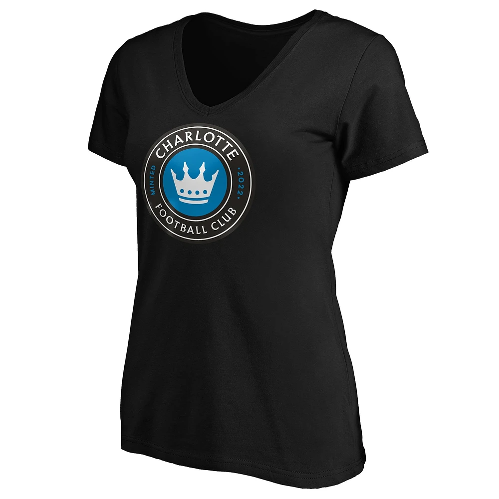 T-shirt noir à col en V avec logo principal Fanatics Charlotte FC pour femmes