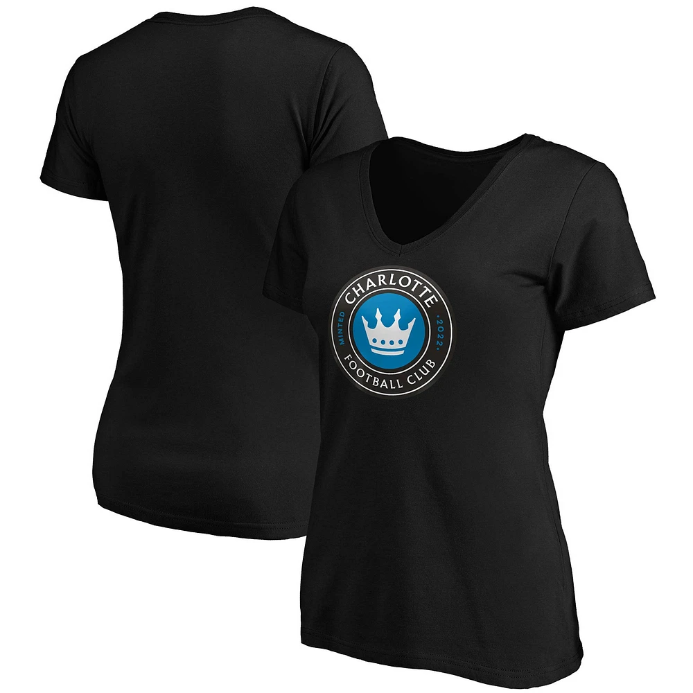 T-shirt noir à col en V avec logo principal Fanatics Charlotte FC pour femmes