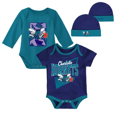 Charlotte Hornets Mitchell & Ness Infant Hardwood Classics Bodysuits Cuffed Knit Hat Set - Purple/Teal
