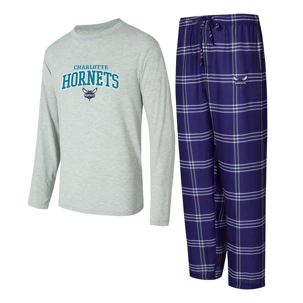 Ensemble t-shirt à manches longues et pantalon carreaux Charlotte Hornets Petition violet/gris pour hommes Concepts Sport