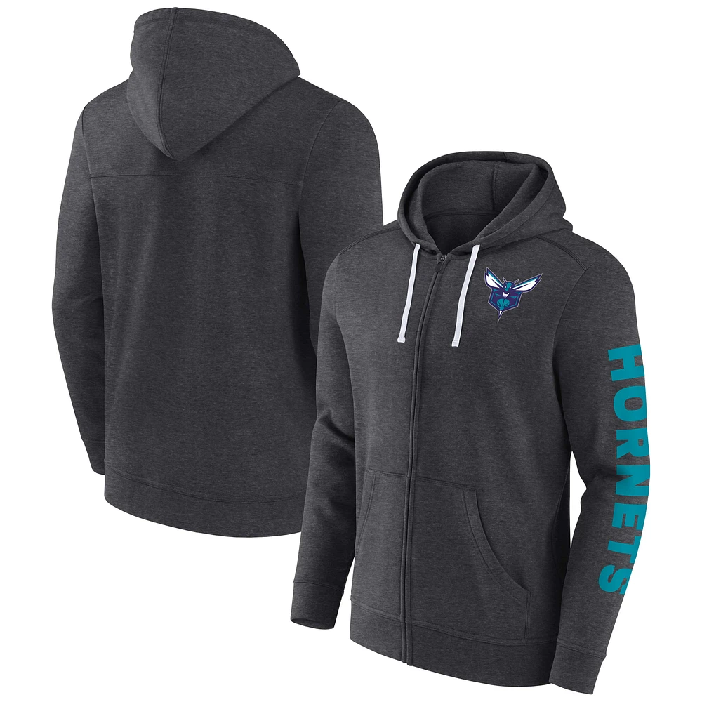 Men's Fanatics Heather Charcoal Charlotte Hornets Down and Distance Full-Zip Hoodie