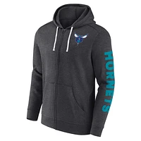 Men's Fanatics Heather Charcoal Charlotte Hornets Down and Distance Full-Zip Hoodie