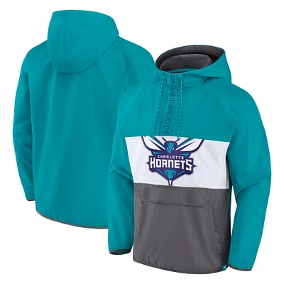 Anorak Charlotte Hornets Fanatics pour hommes, sarcelle/gris, Flagrant Foul, sweat à capuche raglan blocs de couleurs, veste demi-zip